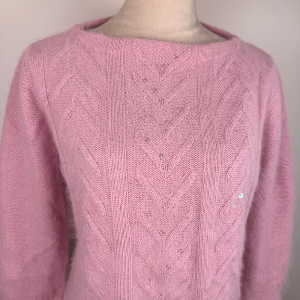 Vintage 90's White Stag Pink Angora & Lambswool Blend Sequin Cable Knit Sweater - Picture 3 of 8
